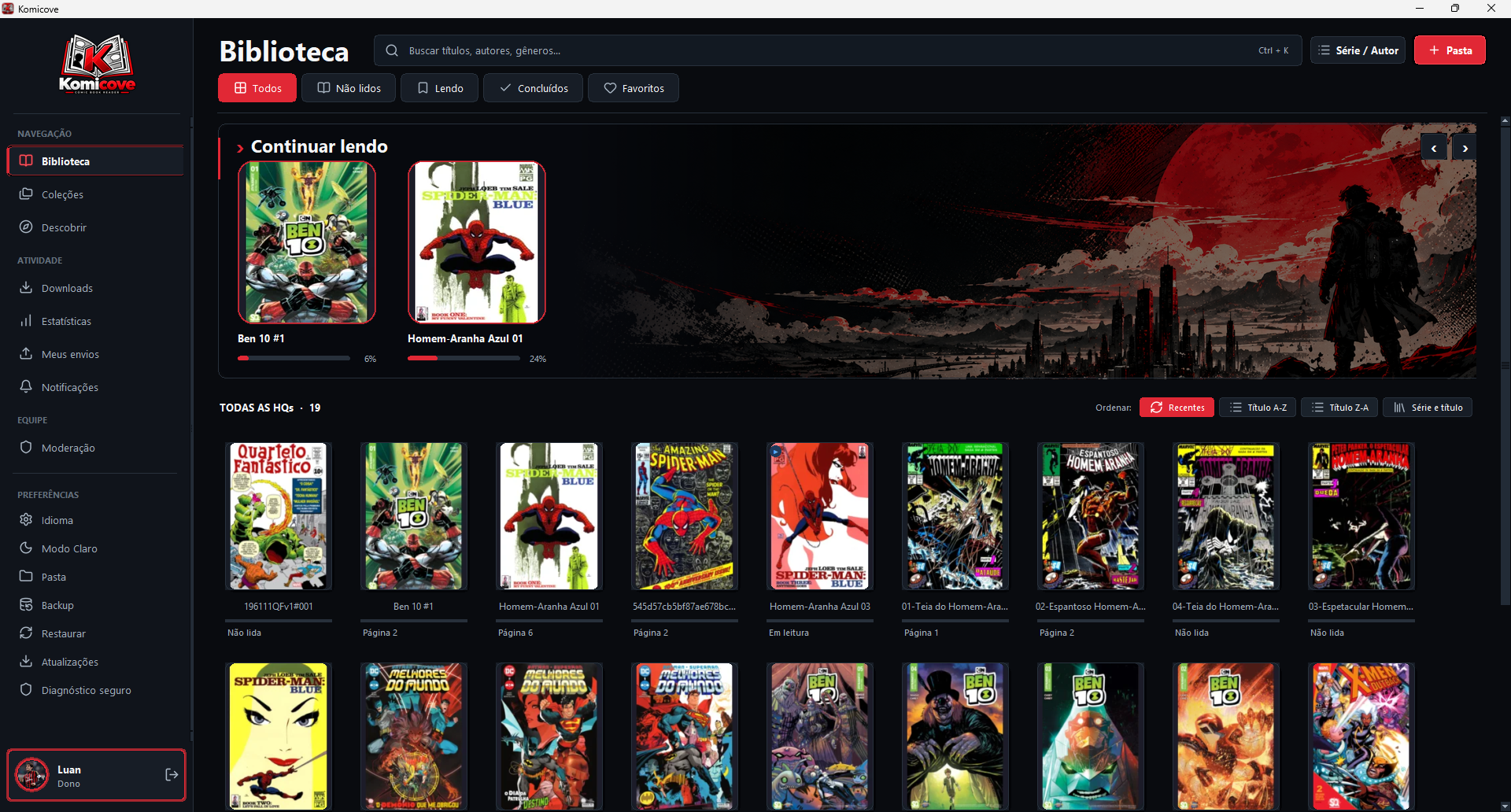 Komicove desktop library with covers, filters and reading progress